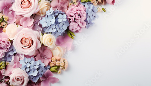 Mother day. Framed flowers isolated on white background top view. Mixed flower arrangements. Blooms for mom. Copy space. Wedding concept. Bride beautiful bouquet. Birthday, Valentine day. Banner © ladyalex