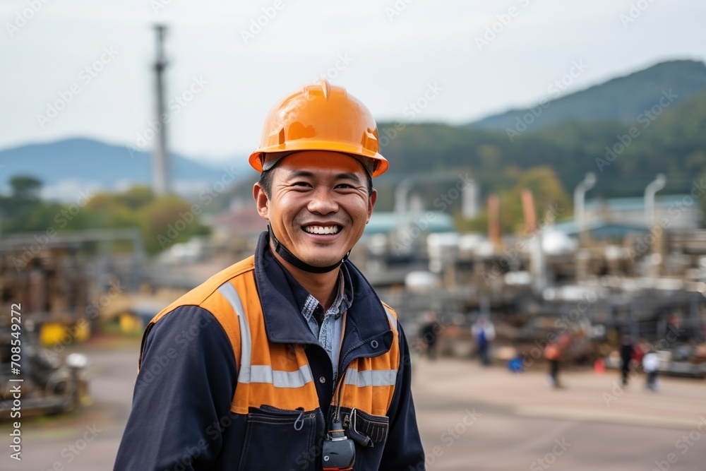 Portrait of a smiling Asian worker wearing a hard hat at an industrial site Portrait of a smiling Asian worker wearing a hard hat at an industrial site