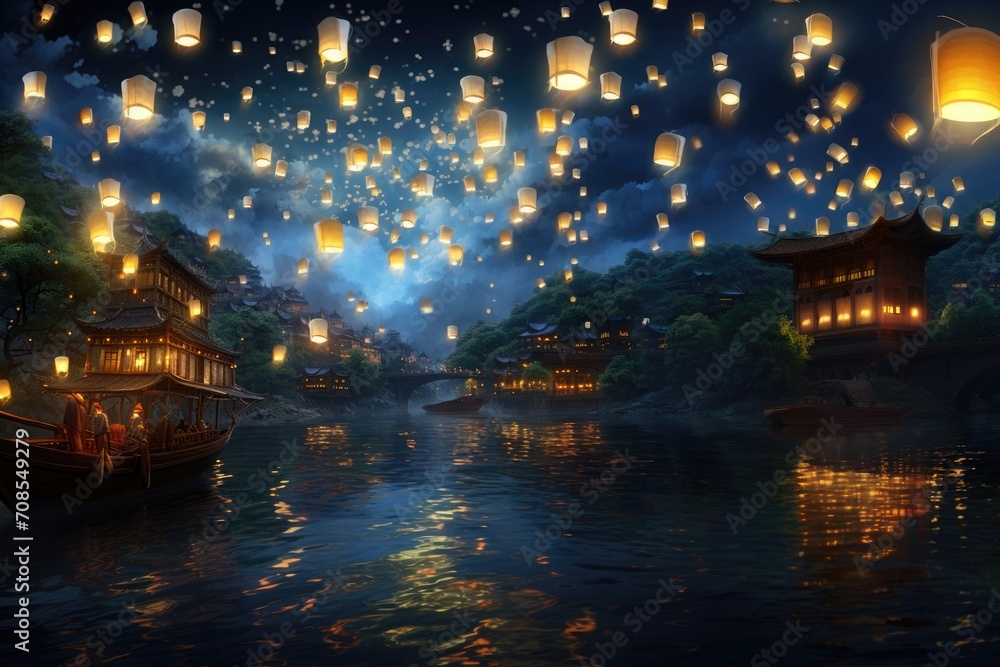 Festival of releasing flower lanterns under the night sky