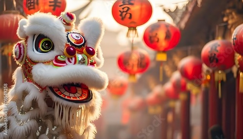 Traditional Lion Dance With A Street Of Lantern Displays