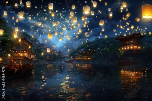 Festival of releasing flower lanterns under the night sky