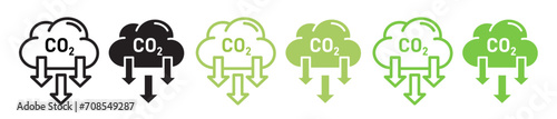 co2 emission reduction cloud vector icon set in black and green color. carbon dioxide neutral symbol. low carbon gas sign.