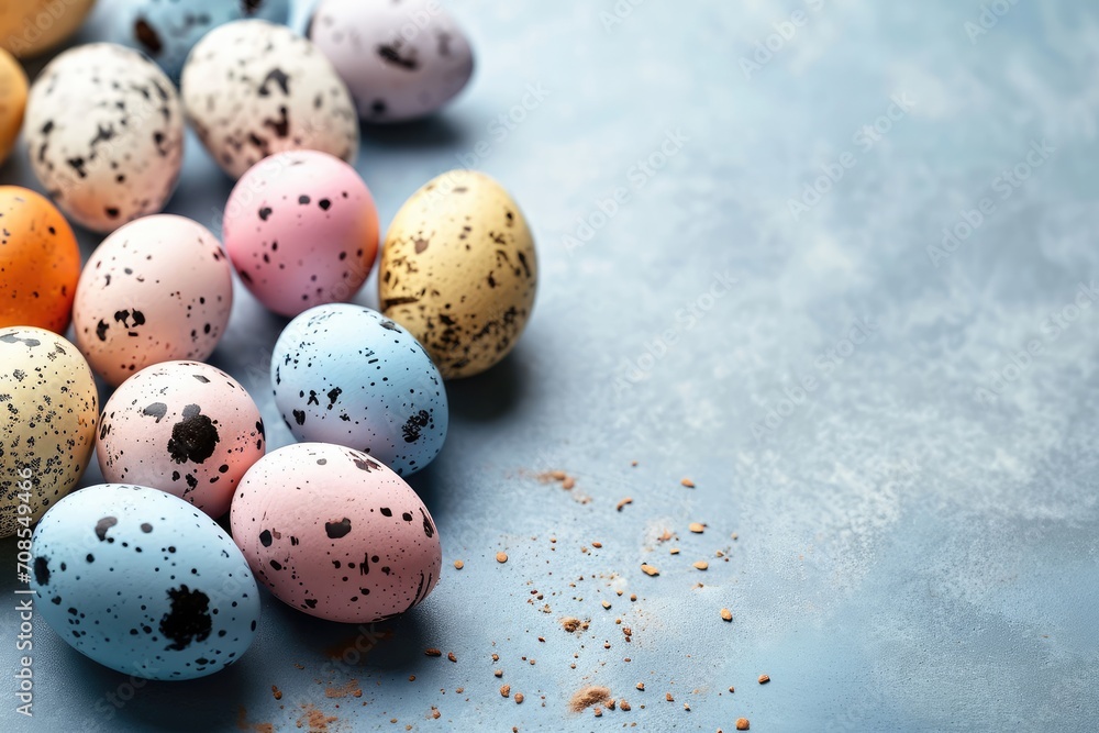 Colorful Speckled Easter Eggs Adorned With Spring Blossoms on a Pastel Blue Background