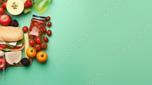 Colorful Lunchbox Arrangement: Tasty Freshness, Berries, and More on Soft Green Background - Ideal for Healthy Eating Campaigns, School Nutrition Concepts photo