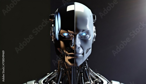 3D image of a full bodied or a man robot, half face of man half face of a robot, mechanical robot that looks like a man, wires of the robot, driving crane, dark, hyper realistic, super detailed, intri