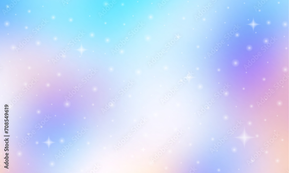 Glittering gradient background with hologram effect and magic lights. Holographic abstract fantasy backdrop with fairy sparkles, gold stars and festive