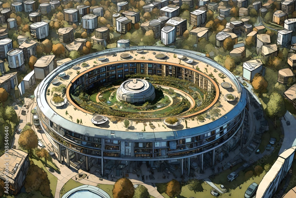 An aerial shot of a circular city design, maximizing space efficiency and promoting a sense of community in the upgraded colony.