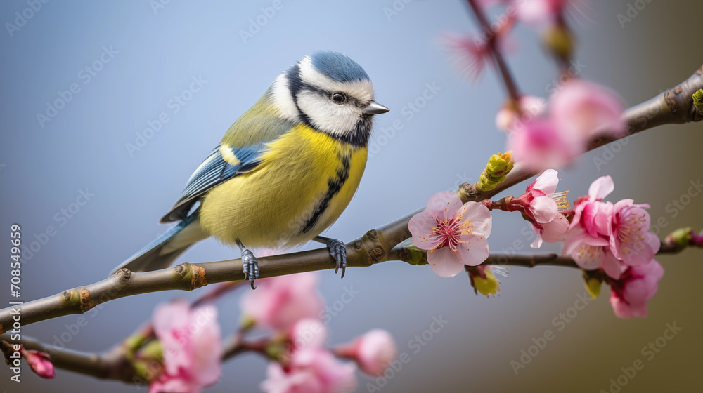 Naklejka premium blue tit sitting on a branch with spring blossoms