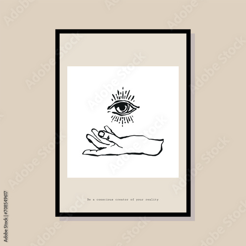 Sacred mystic hand with eye magical protection. Illustration for modern poster design, banner, packaging