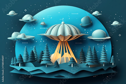 Layered style paper cut illustration of a blue landscape with unidentified flying objects in the sky photo