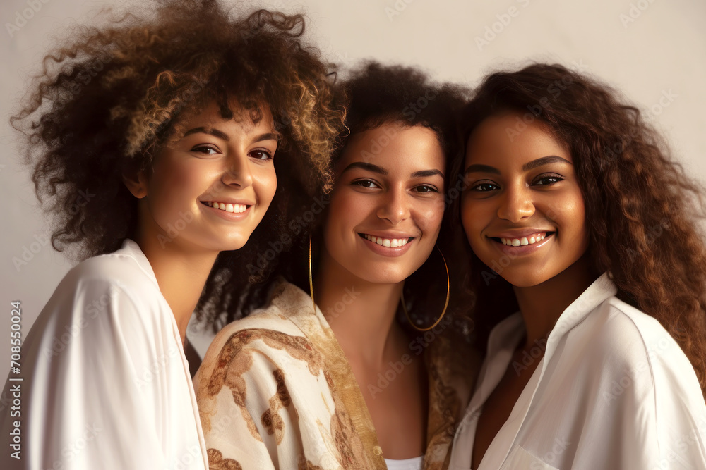 Portrait of three smiling charming female friends of mixed race on a gray background. Generated by AI. Portrait of three smiling charming female friends of mixed race on a gray background. Generated by AI.