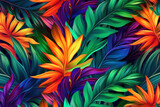 Abstract background with exotic tropical leaves. Bright fantastic beautiful natural pattern. Floral backgdrop. Created using generative AI.