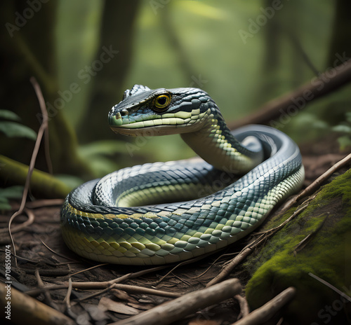 Natrix, Snake Colubridae in the forest, close up. predatory snake, beautiful poisonous snake generative Ai
