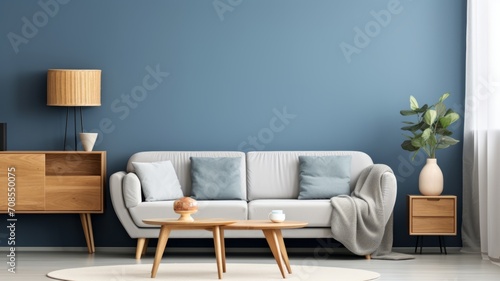 Modern living room wooden buffet with sofa and blue wall.wall Art , Poster , Interior Design , illustration  , Wallpaper ,  © MrJacki