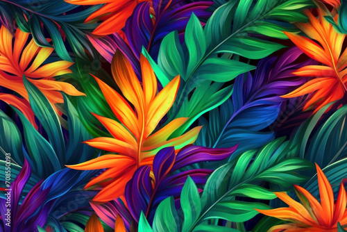 Abstract background with exotic tropical leaves. Bright fantastic beautiful natural pattern. Floral backgdrop. Created using generative AI.