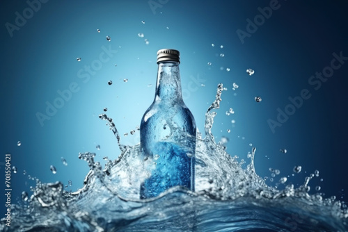 A mockup of a plastic bottle of mineral water with drops on a gradient blue background photo