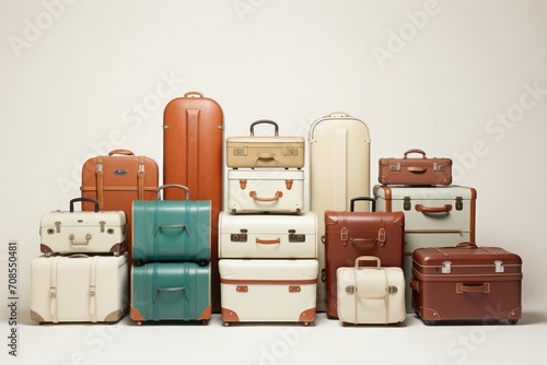 Vintage suitcases on plain background.