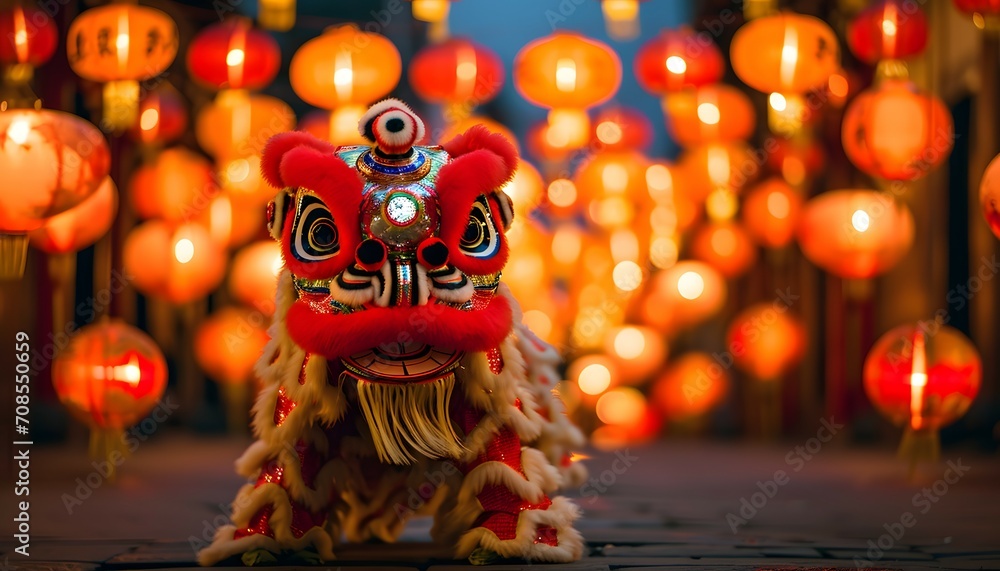 Traditional Lion Dance With A Street Of Lantern Displays Traditional Lion Dance With A Street Of Lantern Displays
