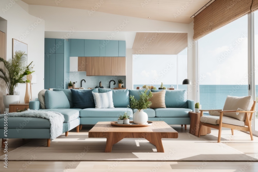 Fototapeta premium Interior home design of modern living room with coastal room sofa and table in beach house