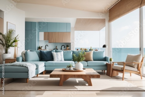 Interior home design of modern living room with coastal room sofa and table in beach house