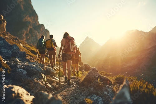 Friends on hiking route traveling together fun activity mountains nature sports healthy lifestyle summer travel carrying backpack friendship group walk weekend leisure holiday carefree hikers tourists