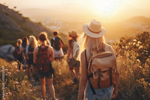 Friends on hiking route traveling together fun activity mountains nature sports healthy lifestyle summer travel carrying backpack friendship group walk weekend leisure holiday carefree hikers tourists photo