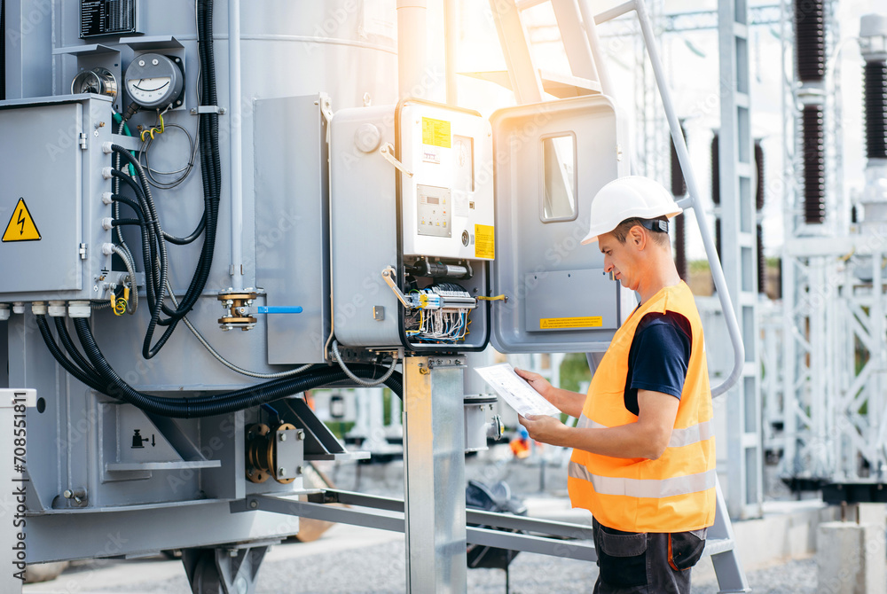 Adult electrical engineer inspect the electrical systems at the equipment control cabinet. Installation of modern electrical station Adult electrical engineer inspect the electrical systems at the equipment control cabinet. Installation of modern electrical station