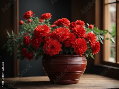 bouquet of red flowers in a pot on wooden table .red flowers in a vase