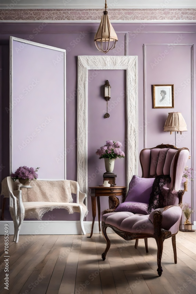 Fototapeta premium A Victorian-inspired sitting room with lace curtains and antique furniture, the wall adorned with a blank white frame against a muted lavender backdrop.