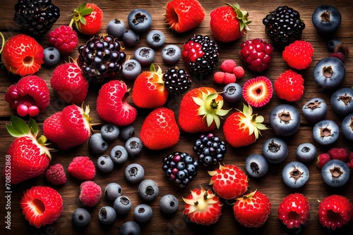 A cluster of vibrant, assorted berries arranged neatly on a rustic wooden surface.