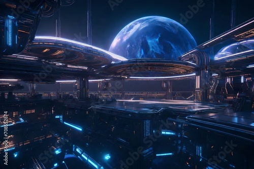 A high-tech space station orbiting a distant planet, with sleek metallic structures, advanced energy shields, and transparent domes offering breathtaking views of the alien landscape below.