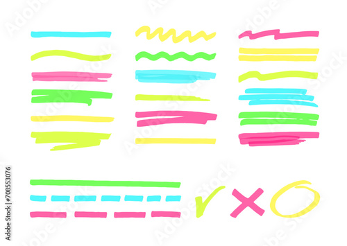 Marker highlight underline strokes set. Neon colors brush lines stylish transparent elements.