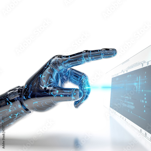 A robotic hand pointing index flinger on a touch pad. cyber security concept,  photo