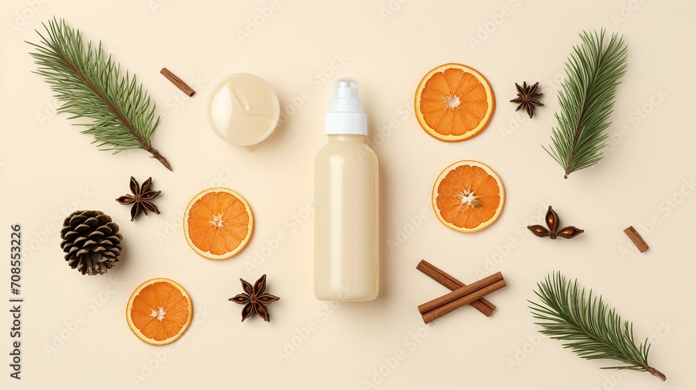 Cosmetic Bliss in Winter: Pump Bottle, Dropper Bottle, and Cream Jar Surrounded by Christmas Magic on Isolated Beige Surface