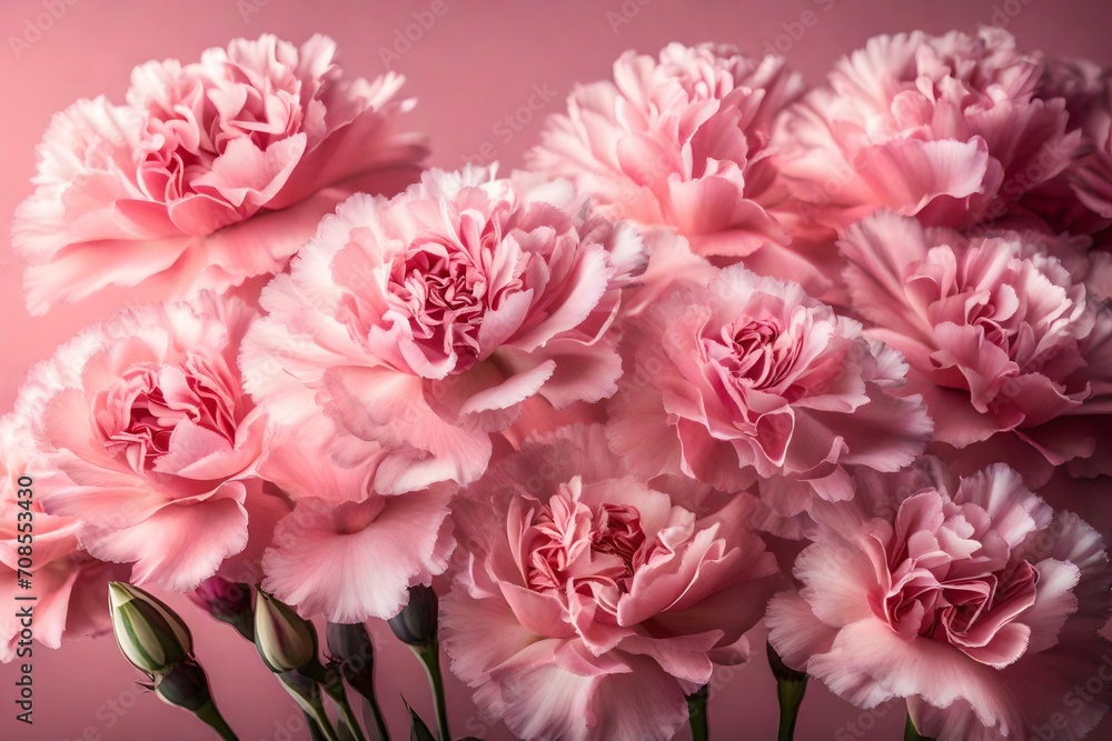 A cluster of pink carnation flowers, their ruffled petals and sweet fragrance adding a touch of femininity against a soft pink background.