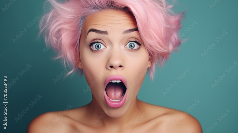 Girl with pink hair with an emotion of surprise on her face. Neural network AI generated art