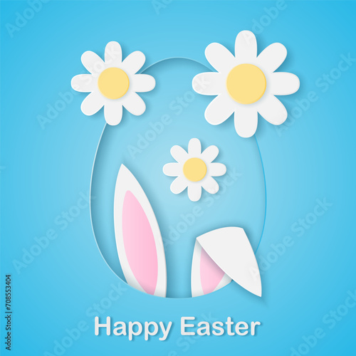 Happy Easter card with bunny ears and flowers paper cut style
