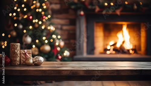 Christmas scene with a table and fireplace stock photos and royaltyfree pictures, in the style of thick texture, wood, dusty piles, uhd image, bokeh, cabincore, light brown and green. photo