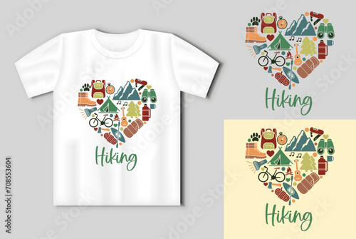 Flat icons in the heart shape on the theme of hiking and outdoor recreation. Vector concept with t-shirt mockup