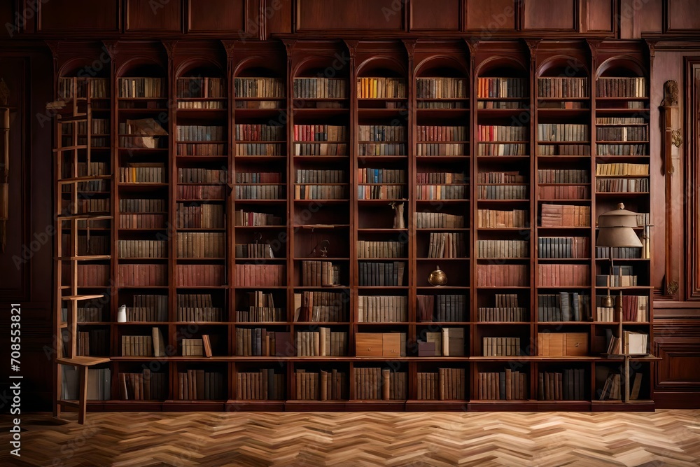 A wooden bookshelf filled with books, positioned against a deep mahogany wall. A wooden bookshelf filled with books, positioned against a deep mahogany wall.