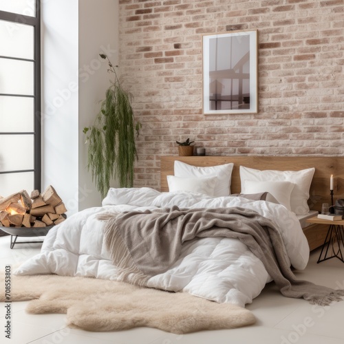 Cozy Modern bedroom with Stylish Decor and Bed With brickwall , wall Art , Poster , Interior Design , close up , illustration , bedroom 