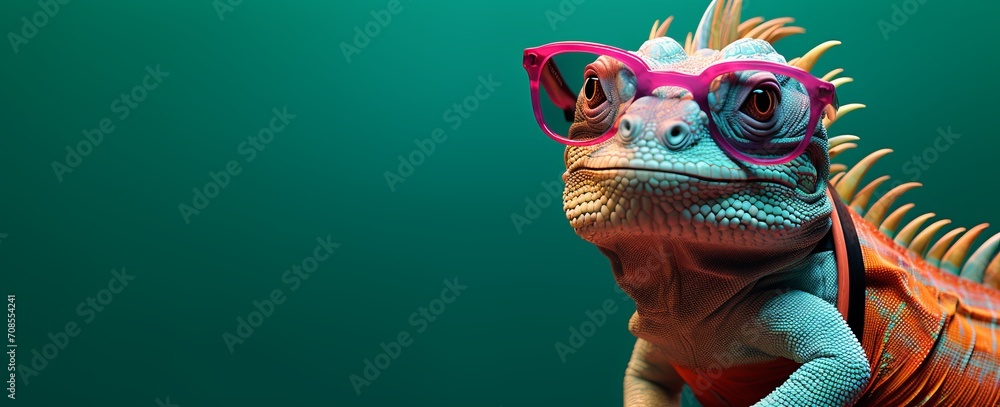Colorful lizard with an eye patch wearing sunglasses, in the style of