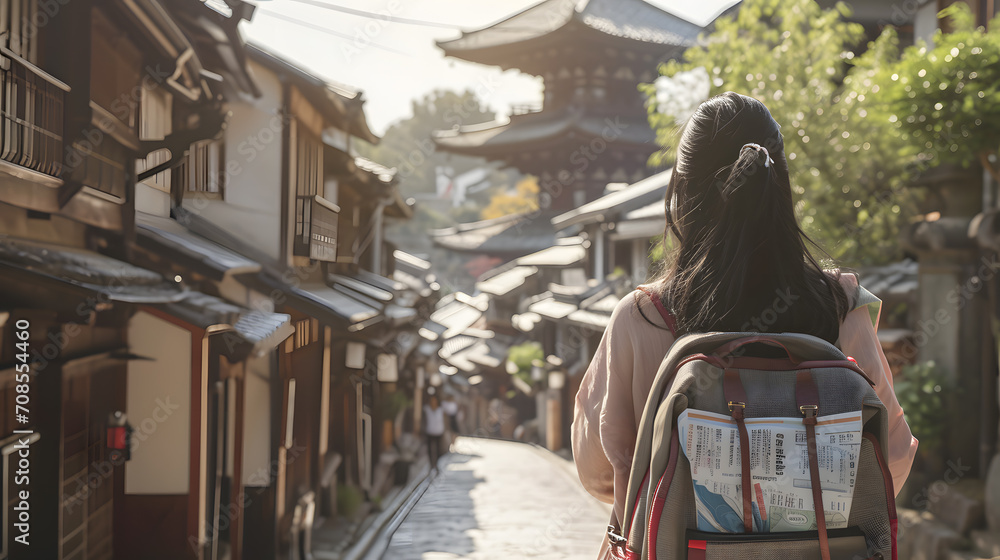 Asian female tourist walking on the road into Kyoto city, Japanese pagoda, Japanese style house, backpack, map in hand, long black hair bang, high angle view from behind.