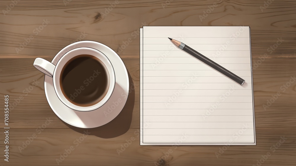 A cup of coffee and blank paper note on wooden table, top view with copy space, flat lay. A cup of coffee and blank paper note on wooden table, top view with copy space, flat lay.