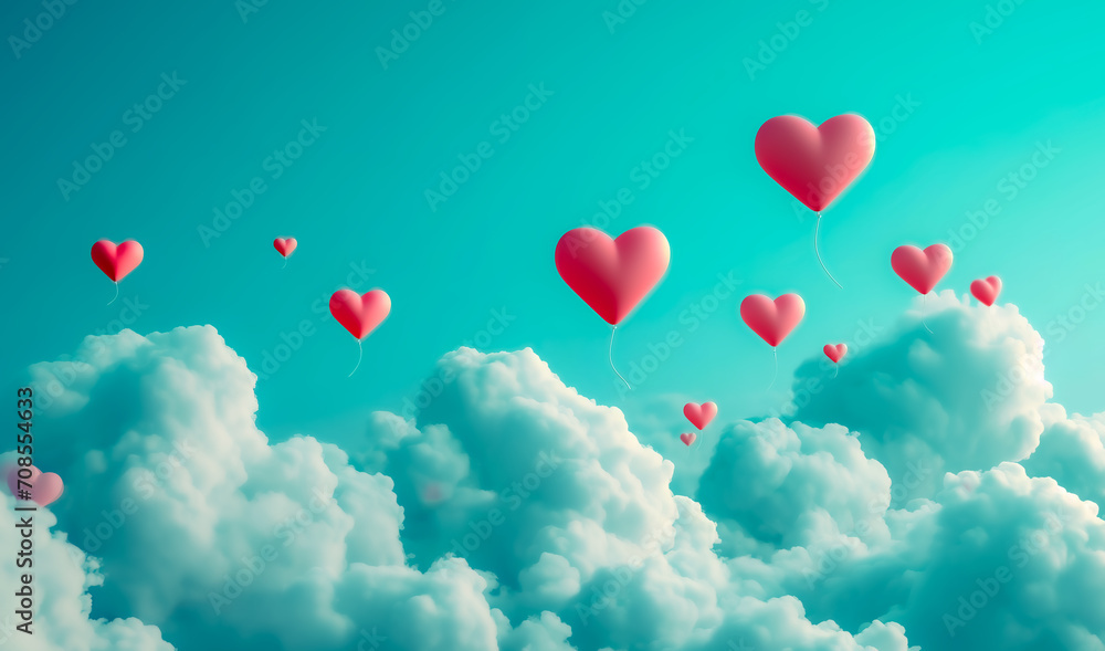 3d multiple red heart shaped balloon in the sky