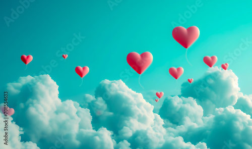 3d multiple red heart shaped balloon in the sky