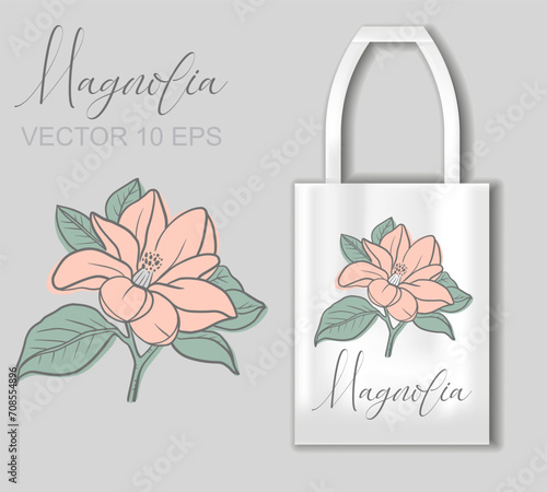 Vector graphic linear illustration of a sprig of magnolia flowers. Vector concept with tote bag mockup