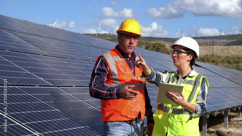 Solar panels, handshake and people partnership, collaboration or thank