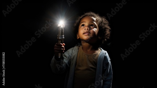 Close-up portrait of a little boy holding a flashlight in total darkness 