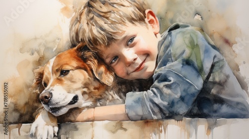 Watercolor drawing of a child cuddling with a dog. Concept of childhood and caring for animals.